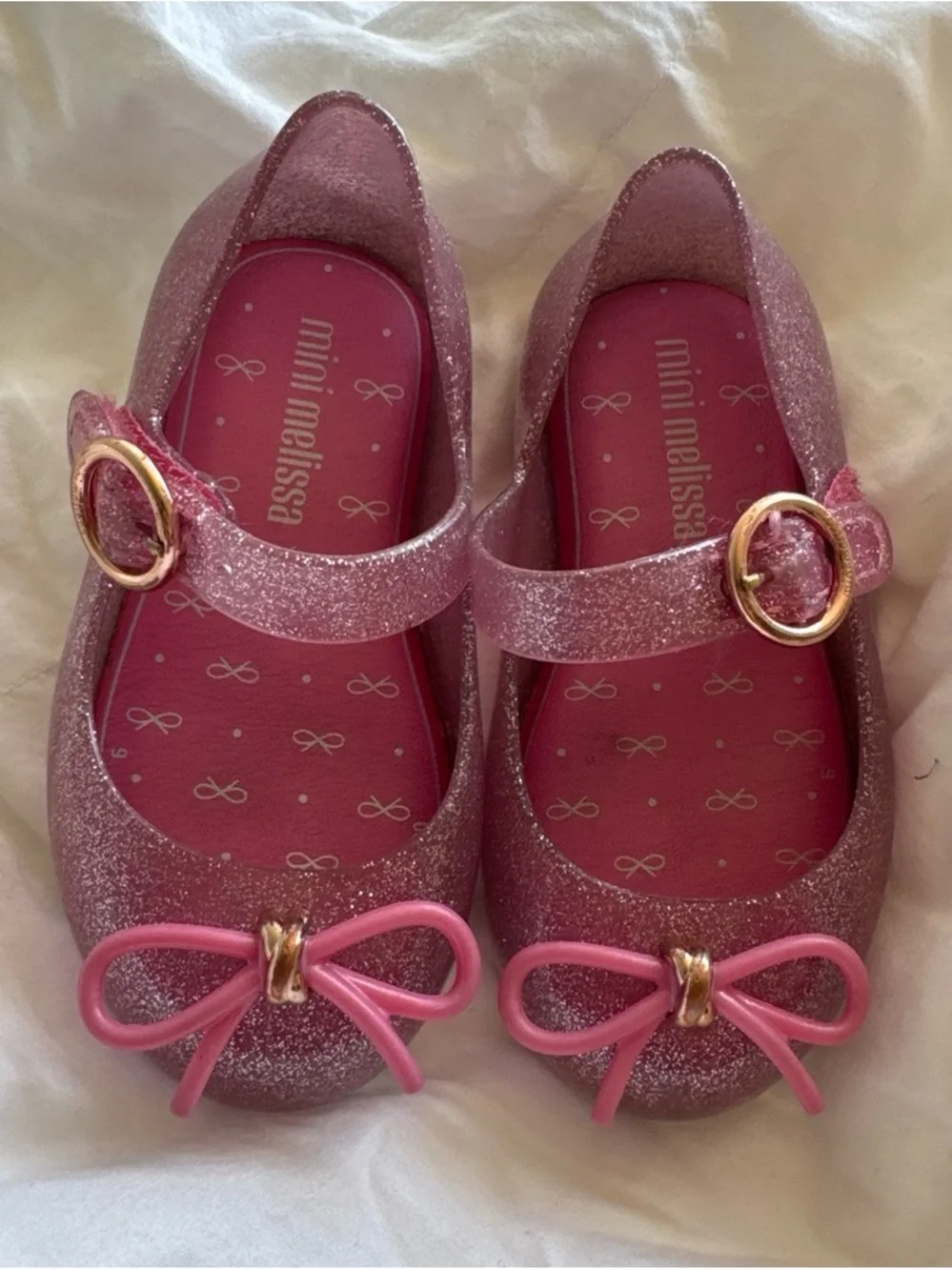 Mini Melissa Glitter Pink Mary Jane with Bow and Gold Buckle